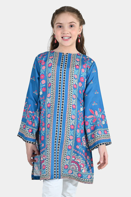 Girls Poly Lawn Printed Kurti (Mandala) – Blue