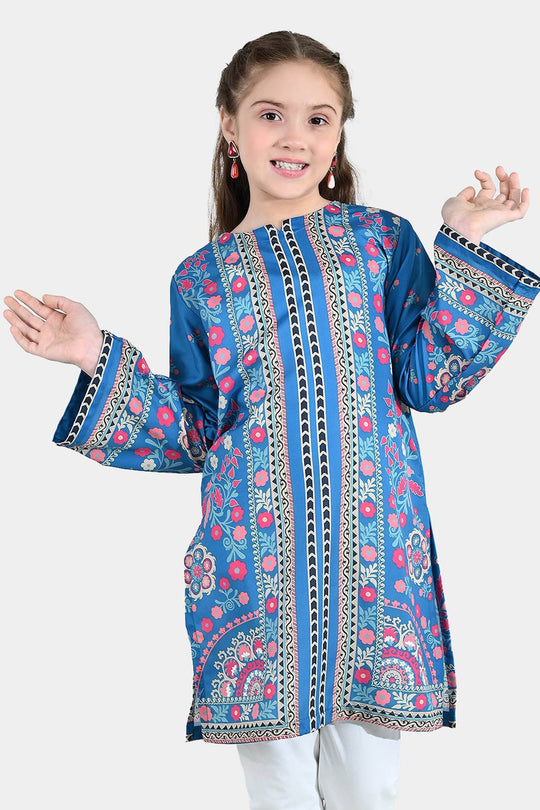 Girls Poly Lawn Printed Kurti (Mandala) – Blue
