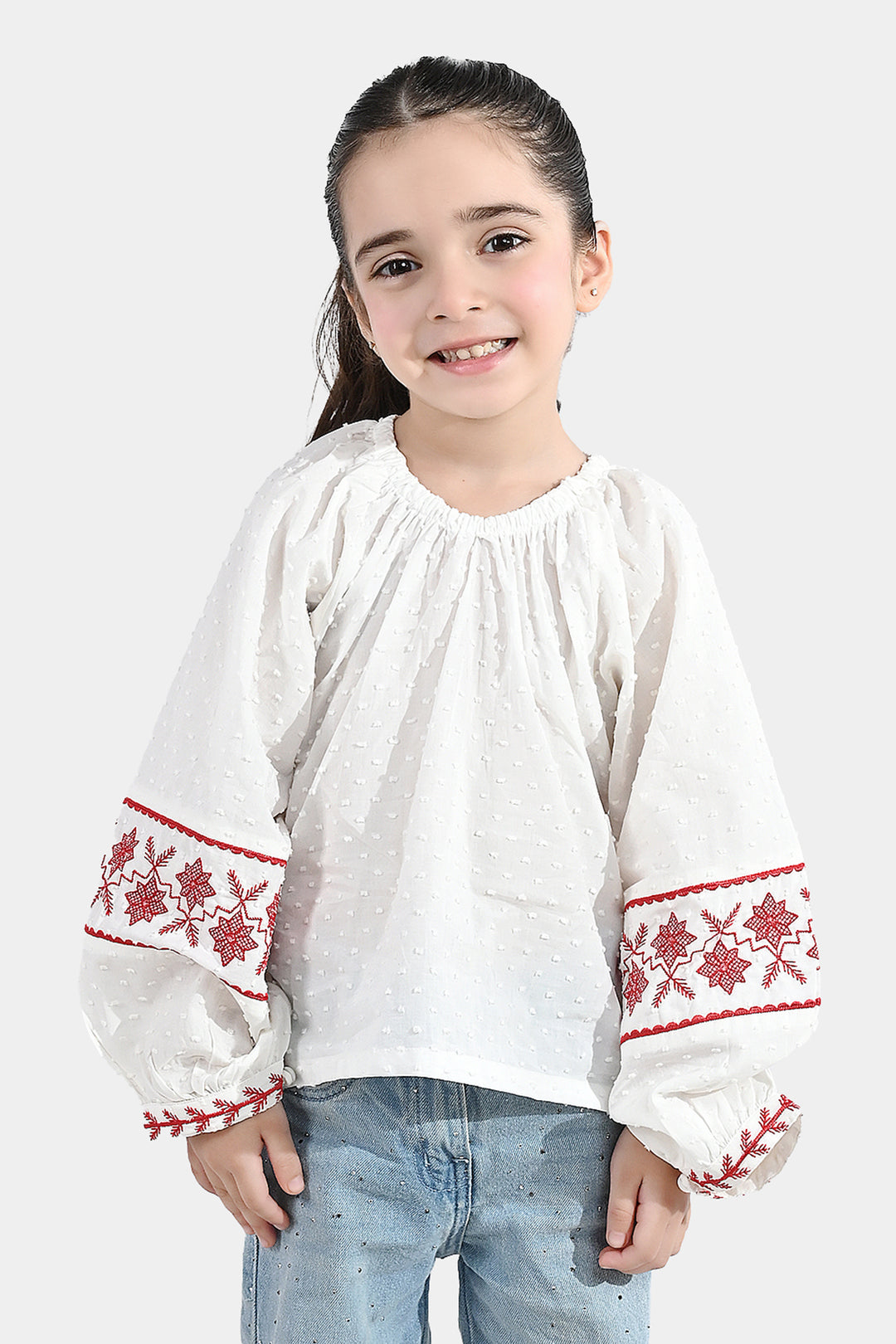 Girls Cotton Emb Top (Reddish) - White