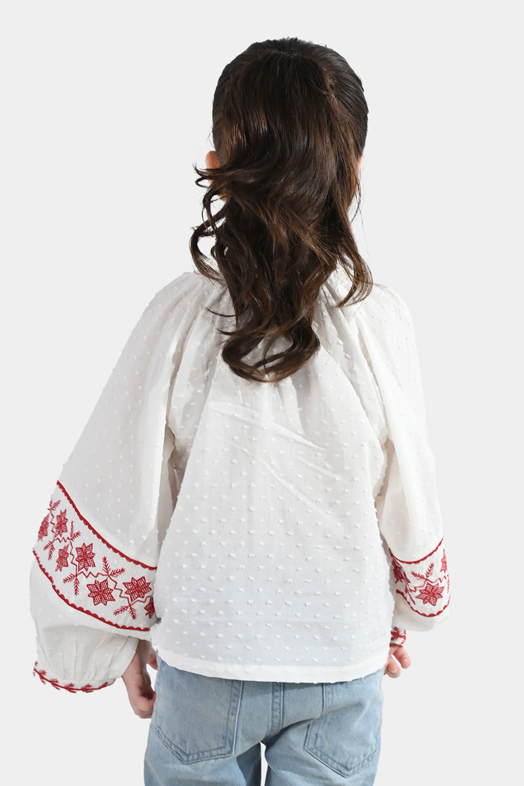 Girls Cotton Emb Top (Reddish) - White
