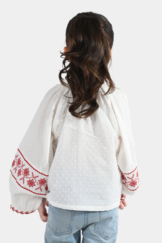 Girls Cotton Emb Top (Reddish) - White