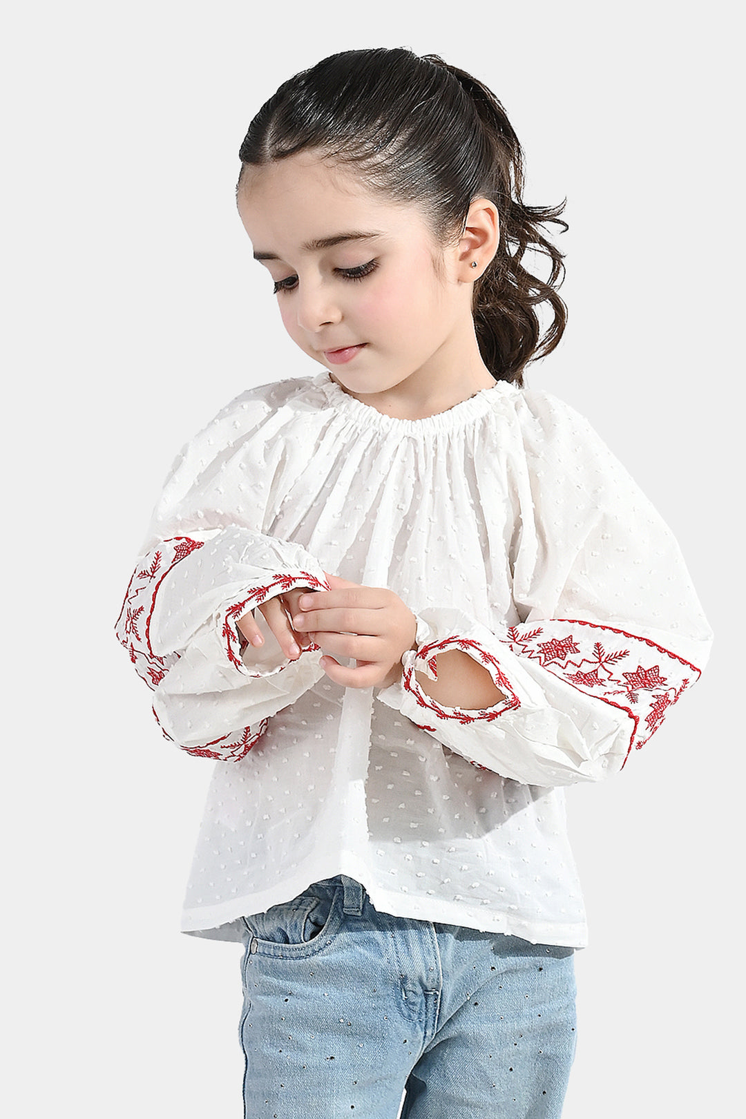 Girls Cotton Emb Top (Reddish) - White