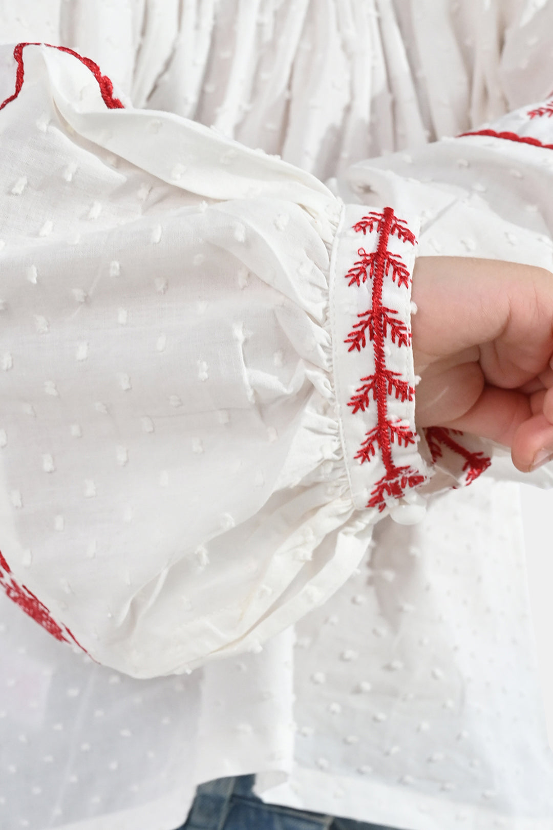 Girls Cotton Emb Top (Reddish) - White
