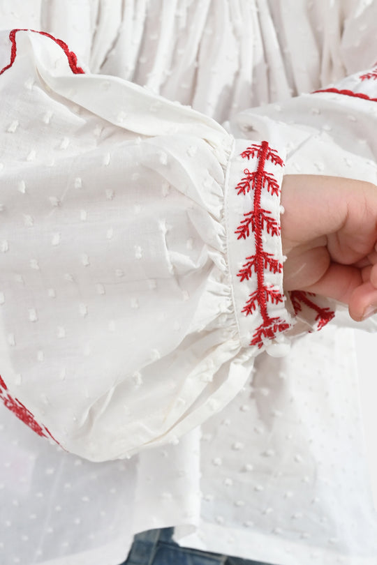 Girls Cotton Emb Top (Reddish) - White