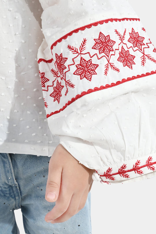 Girls Cotton Emb Top (Reddish) - White