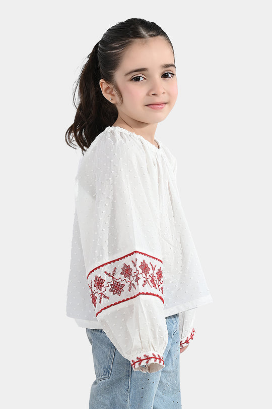 Girls Cotton Emb Top (Reddish) - White