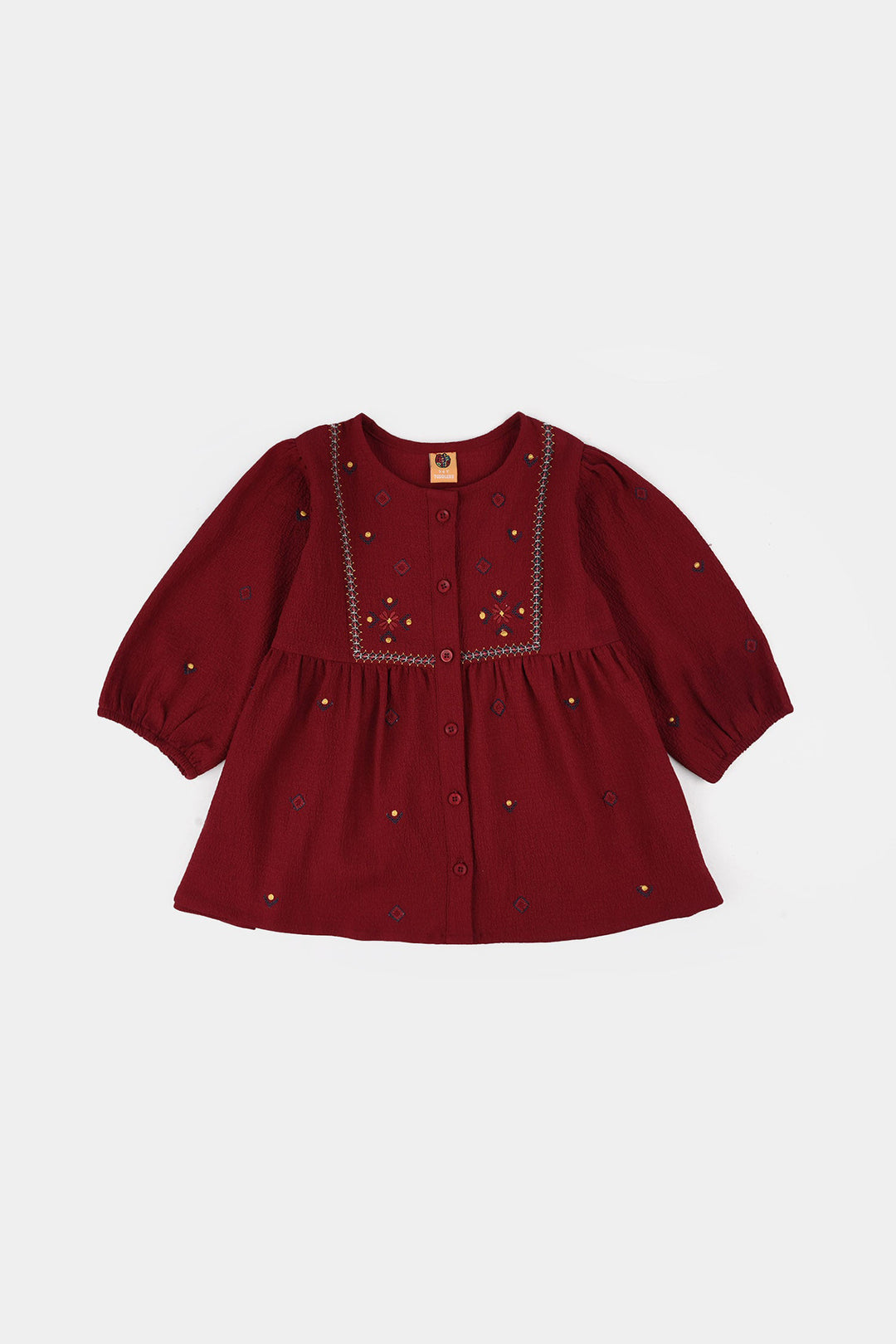 Girls Poly Crinkle Embroidered Top (Desi Tribal) - Maroon