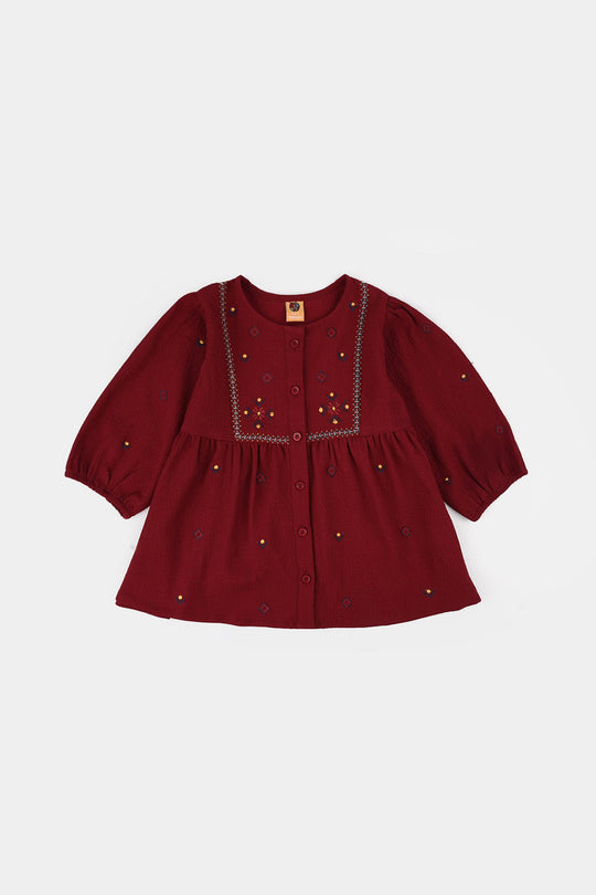 Girls Poly Crinkle Embroidered Top (Desi Tribal) - Maroon