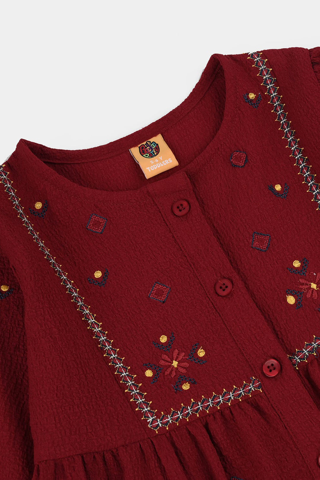 Girls Poly Crinkle Embroidered Top (Desi Tribal) - Maroon