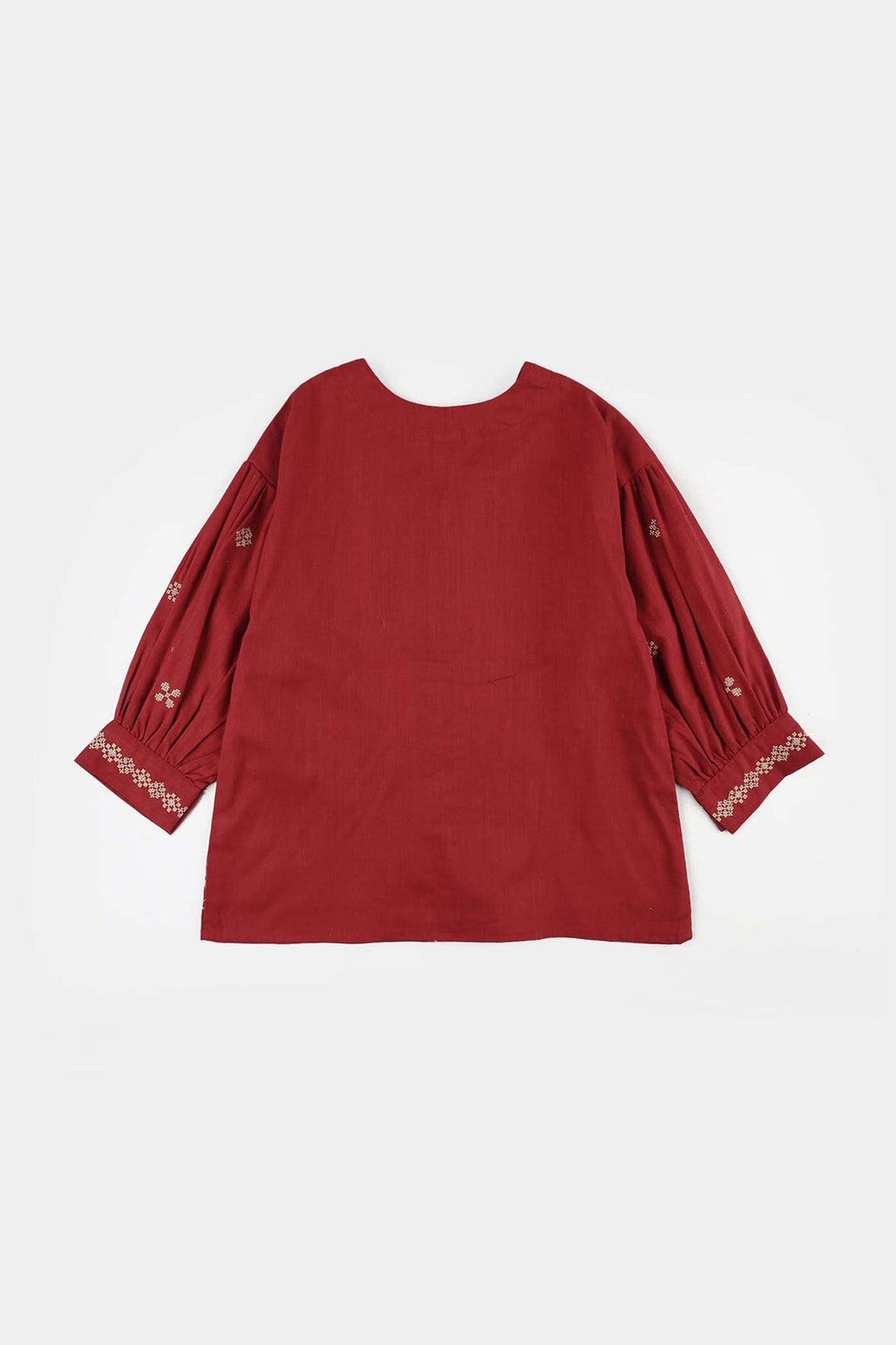 Girls Cotton Slub Embroidered Top (Red Cross Stitch) - Maroon
