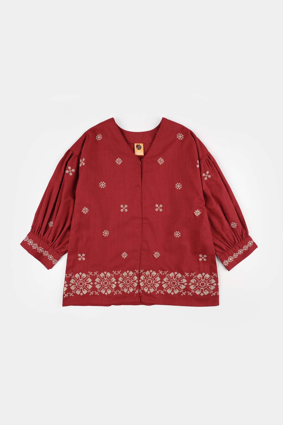 Girls Cotton Slub Embroidered Top (Red Cross Stitch) - Maroon