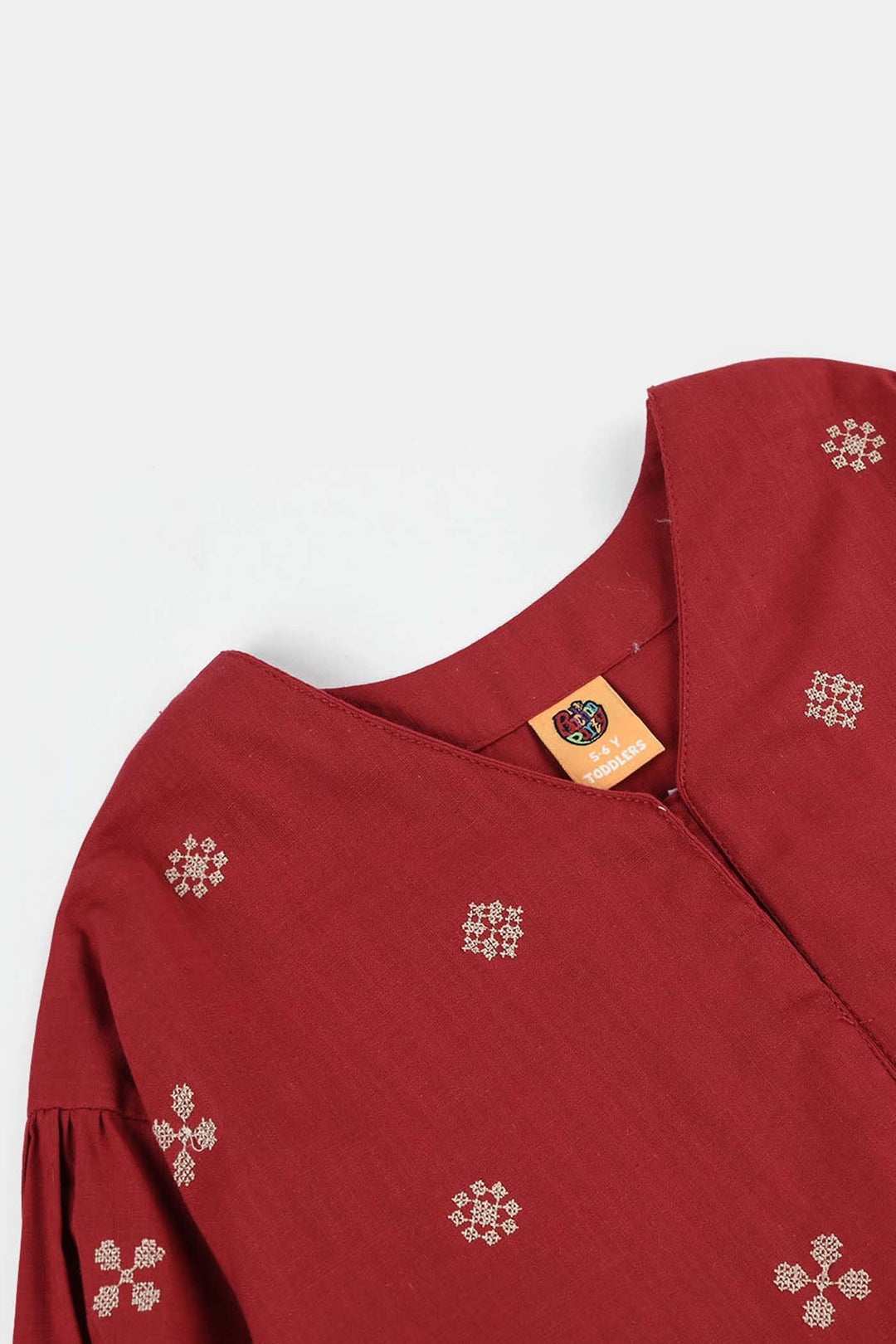 Girls Cotton Slub Embroidered Top (Red Cross Stitch) - Maroon