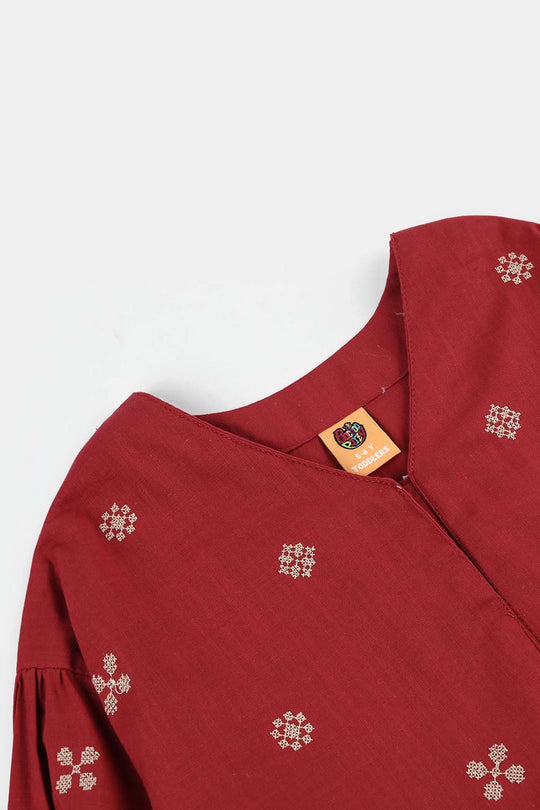 Girls Cotton Slub Embroidered Top (Red Cross Stitch) - Maroon