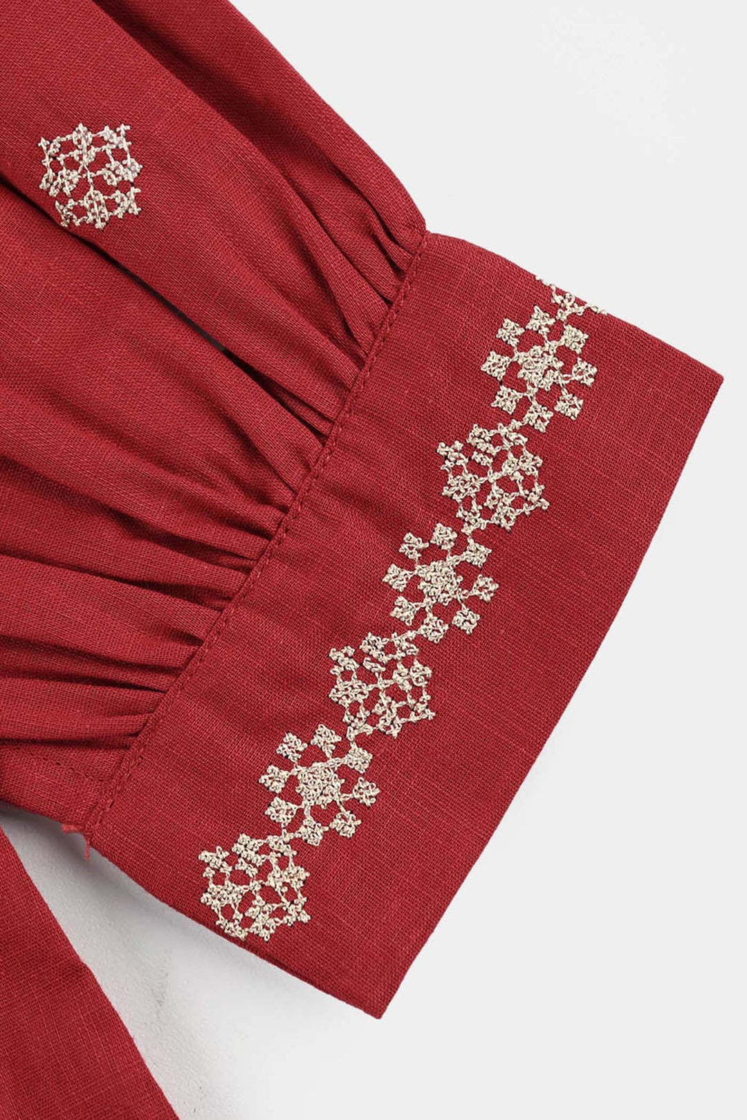 Girls Cotton Slub Embroidered Top (Red Cross Stitch) - Maroon