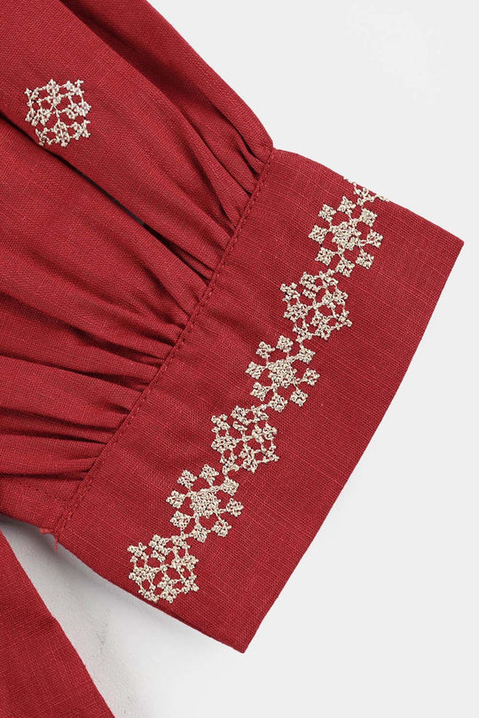 Girls Cotton Slub Embroidered Top (Red Cross Stitch) - Maroon