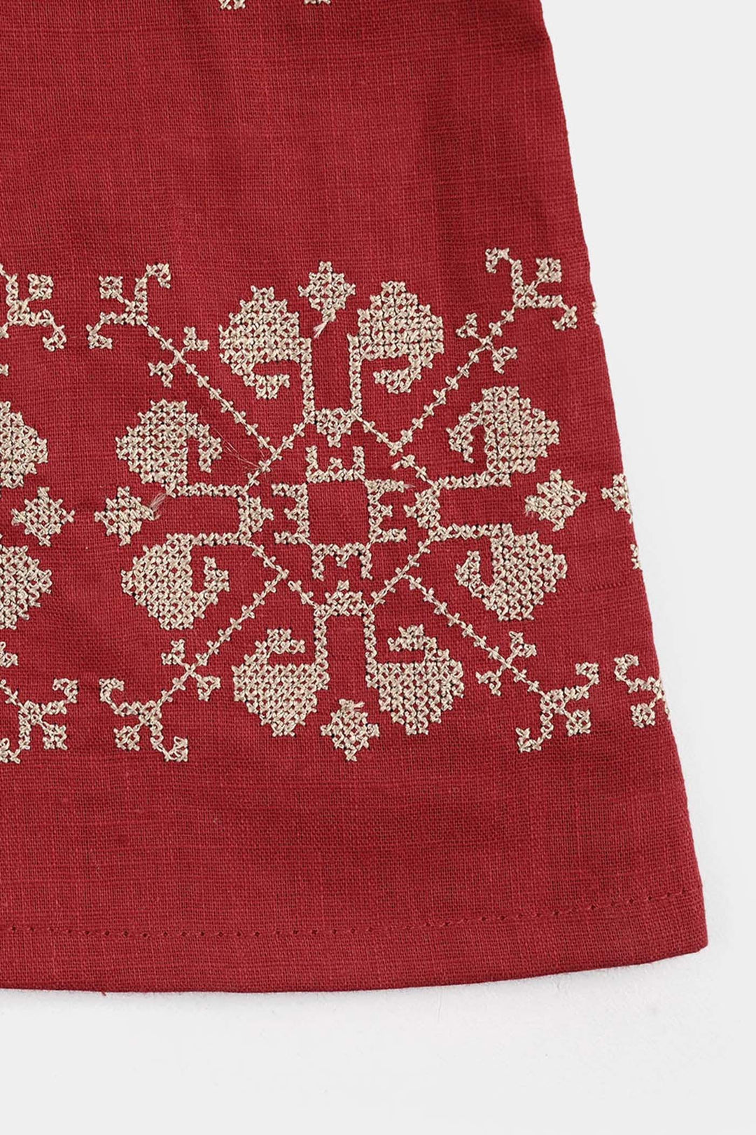 Girls Cotton Slub Embroidered Top (Red Cross Stitch) - Maroon