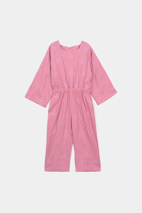 Girls Cotton Slub Embroidered  Jumpsuit (Butterfly) - Pink
