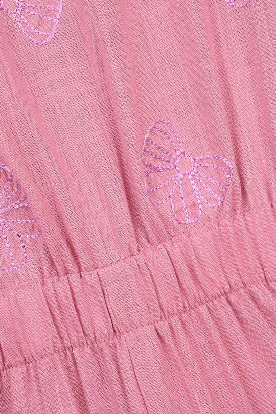 Girls Cotton Slub Embroidered  Jumpsuit (Butterfly) - Pink