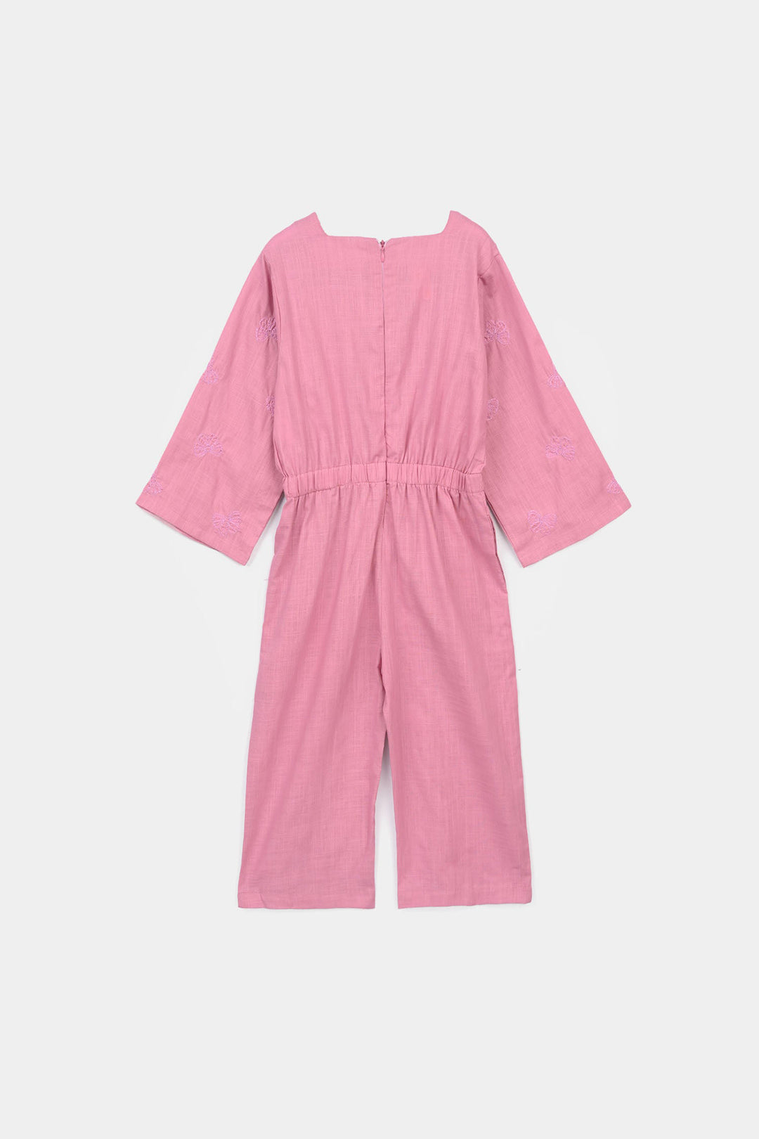 Girls Cotton Slub Embroidered  Jumpsuit (Butterfly) - Pink