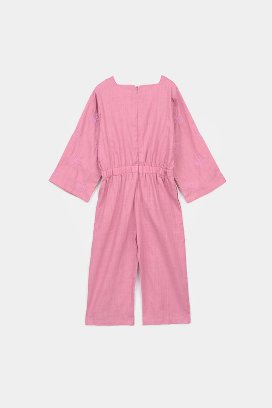 Girls Cotton Slub Embroidered  Jumpsuit (Butterfly) - Pink