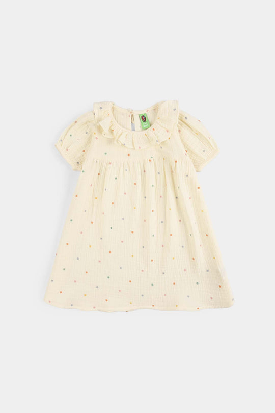 Infant Girls Cotton Casual Frock (Multi Dots) - Off-White