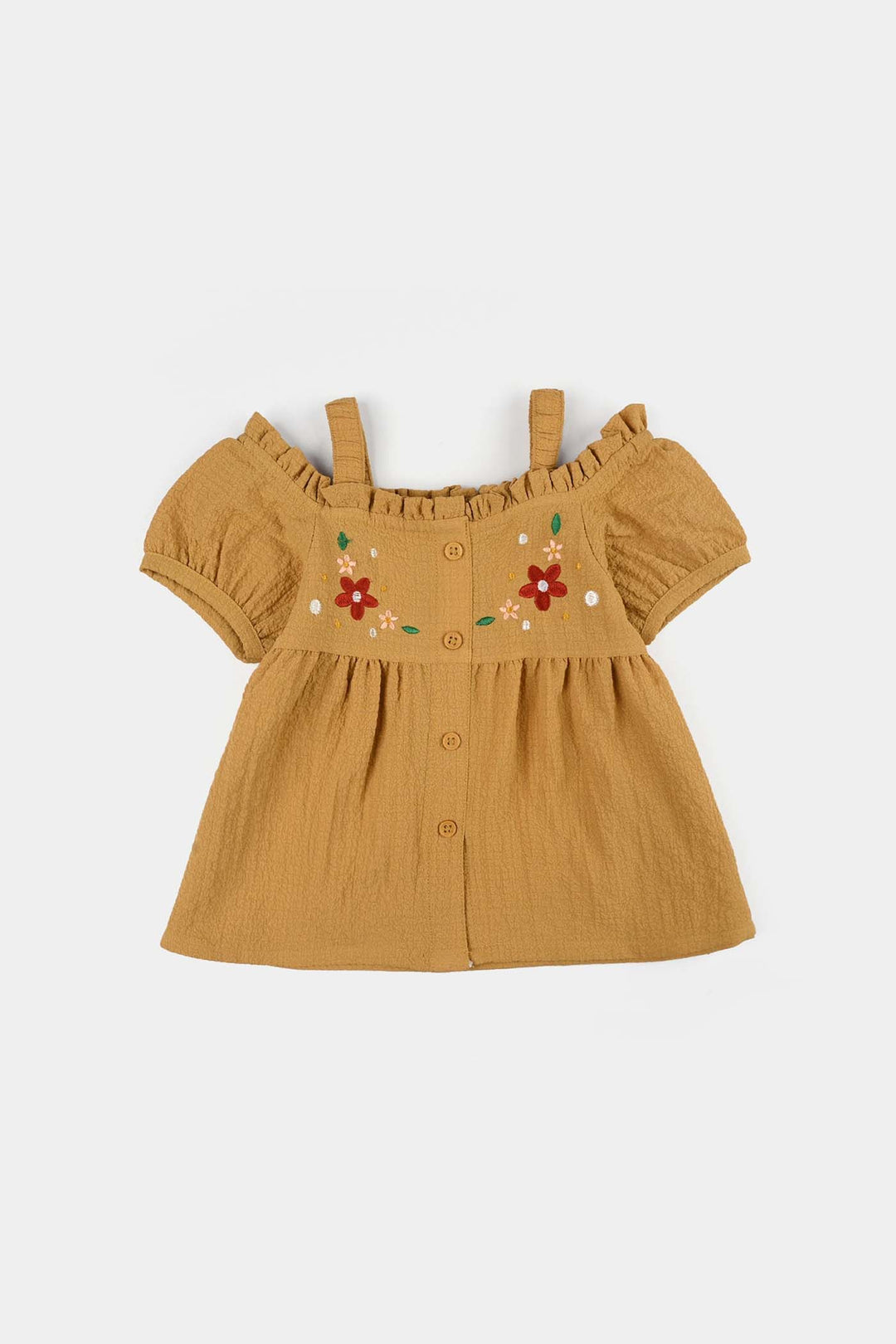 Infant Girls Poly Cambric Embroidered Top (Crochet Butterfly) - Khaki