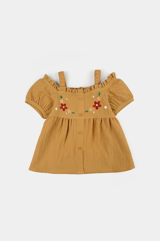 Infant Girls Poly Cambric Embroidered Top (Crochet Butterfly) - Khaki