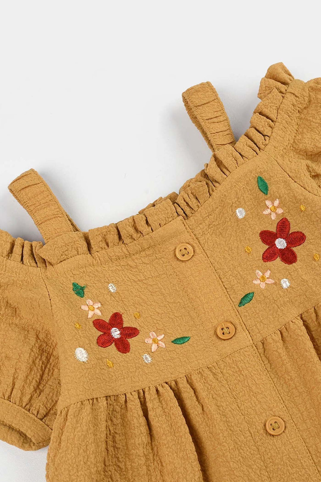 Infant Girls Poly Cambric Embroidered Top (Crochet Butterfly) - Khaki
