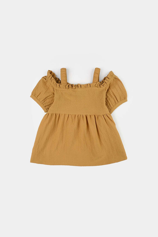 Infant Girls Poly Cambric Embroidered Top (Crochet Butterfly) - Khaki