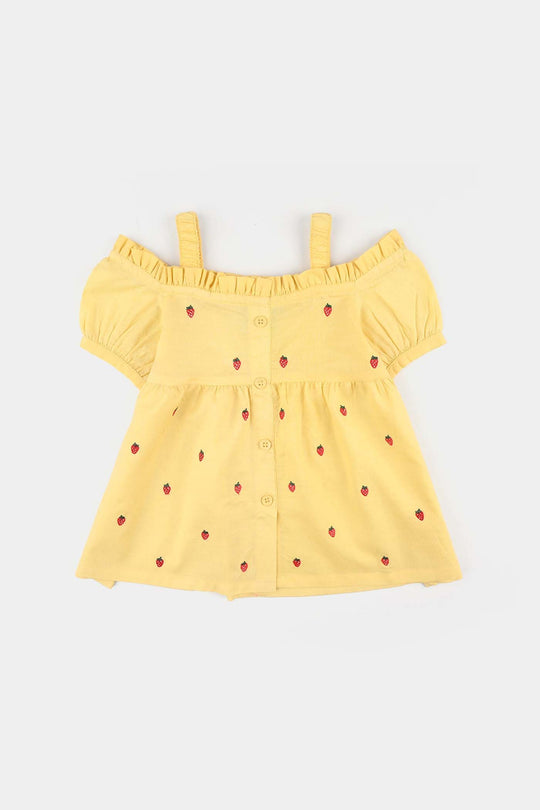 Infant Girls Jacquard Embroidered Top (Strawberries) - Yellow