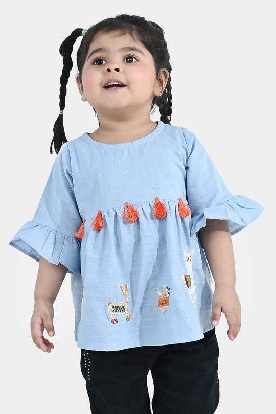 Infant Girls Embroidered Cotton Slub Top – Blue