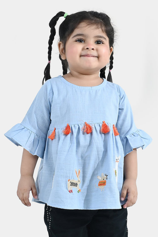 Infant Girls Embroidered Cotton Slub Top – Blue