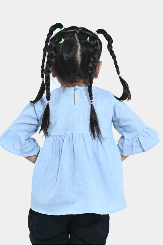 Infant Girls Embroidered Cotton Slub Top – Blue