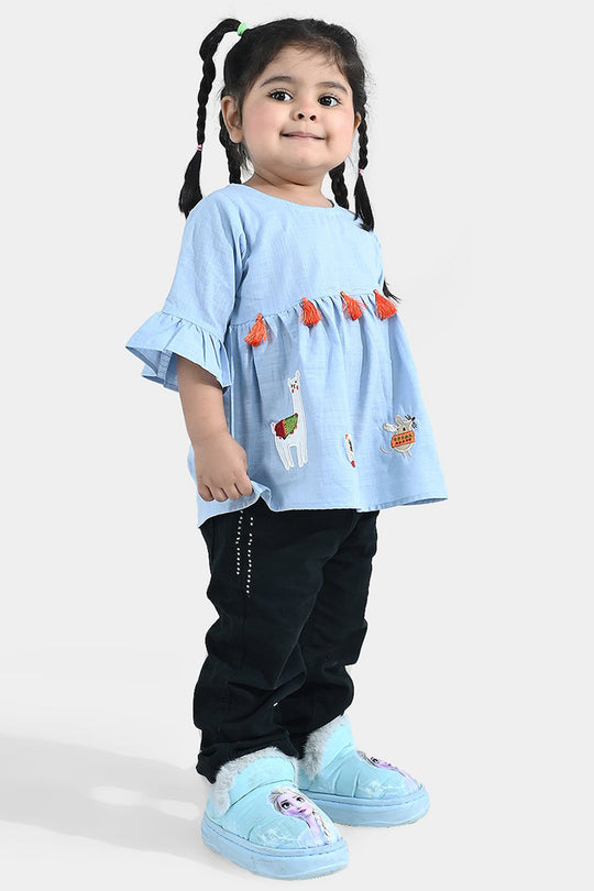 Infant Girls Embroidered Cotton Slub Top – Blue