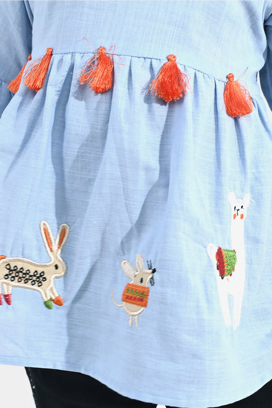 Infant Girls Embroidered Cotton Slub Top – Blue