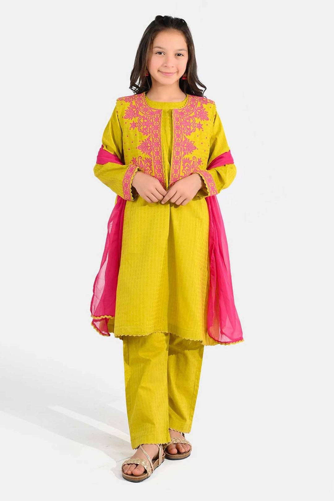 Teens Girls Jacquard 3-Piece Suit (Khushyia) - Olive