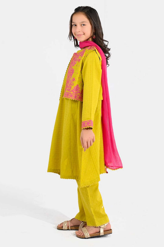 Teens Girls Jacquard 3-Piece Suit (Khushyia) - Olive
