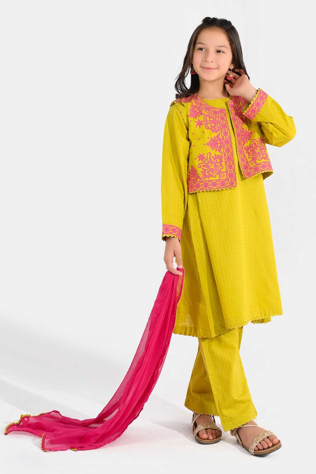 Teens Girls Jacquard 3-Piece Suit (Khushyia) - Olive