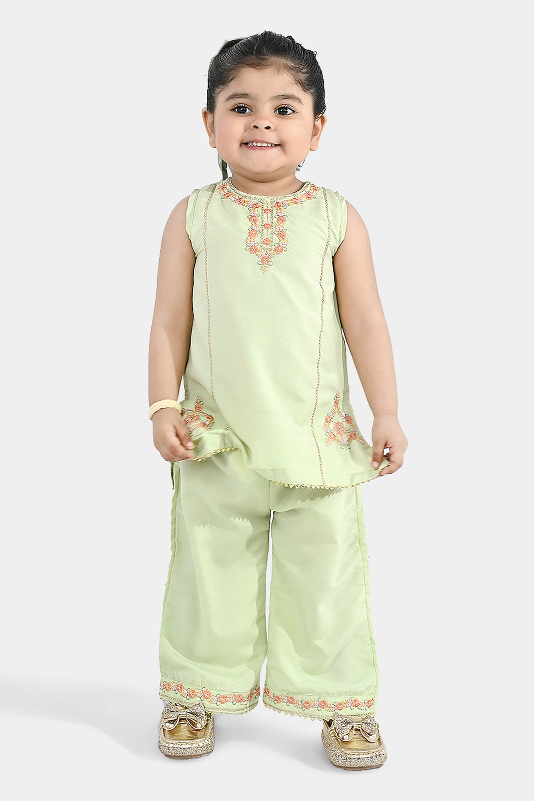 Infant Girls Raw Silk 2-Piece Set (Laddoo Rani) - Pista Green