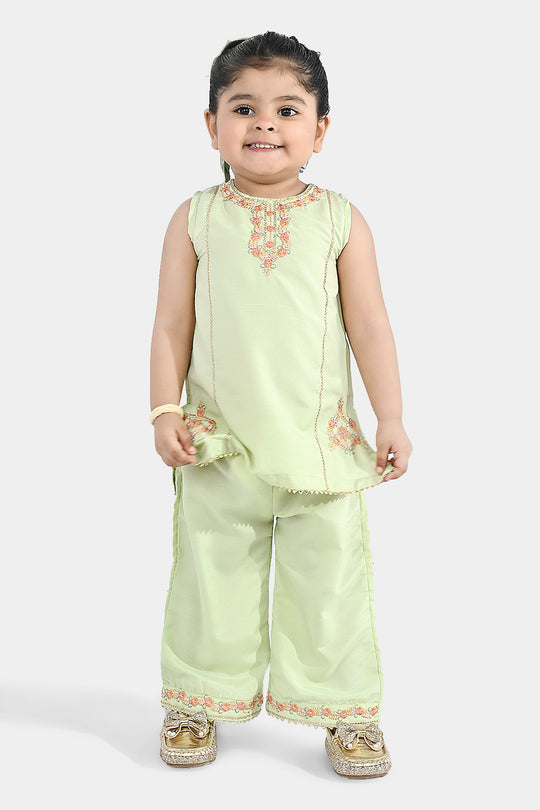 Infant Girls Raw Silk 2-Piece Set (Laddoo Rani) - Pista Green