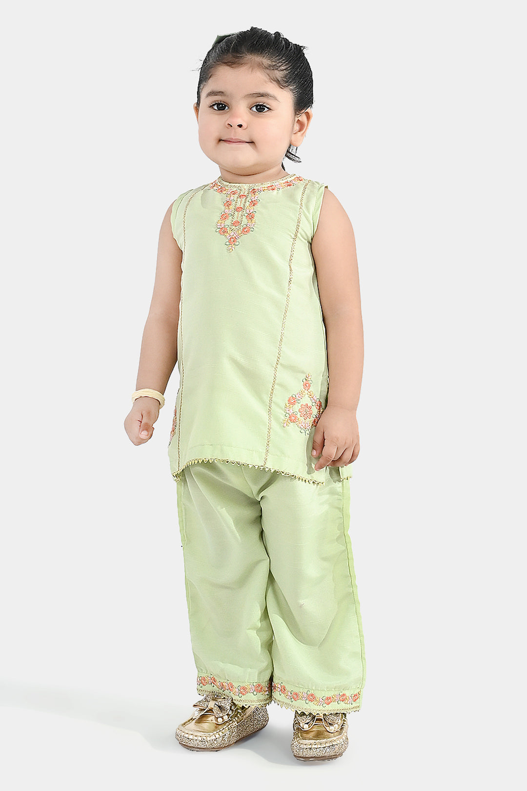 Infant Girls Raw Silk 2-Piece Set (Laddoo Rani) - Pista Green