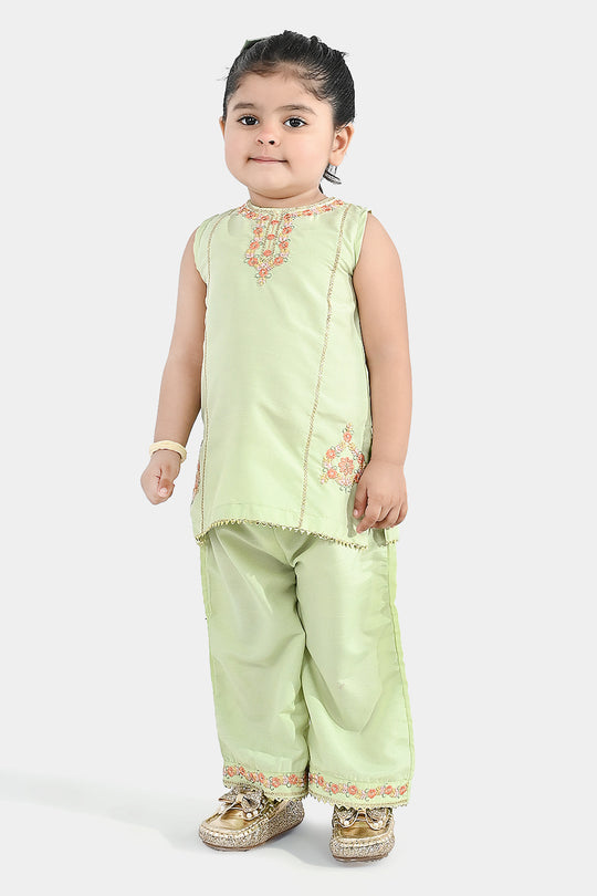 Infant Girls Raw Silk 2-Piece Set (Laddoo Rani) - Pista Green