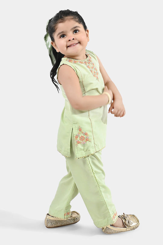 Infant Girls Raw Silk 2-Piece Set (Laddoo Rani) - Pista Green