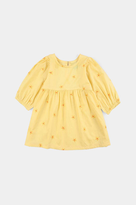 Girls Jacquard Emb Frock Flowers-Yellow