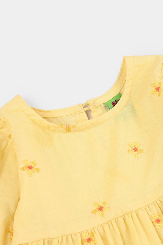 Infant Girls Jacquard Embroidered Frock - Yellow