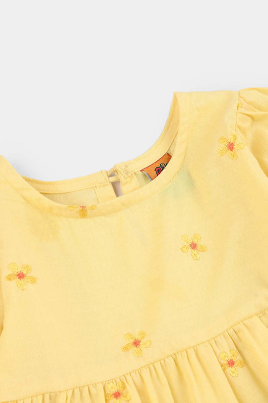 Girls Jacquard Emb Frock Flowers-Yellow
