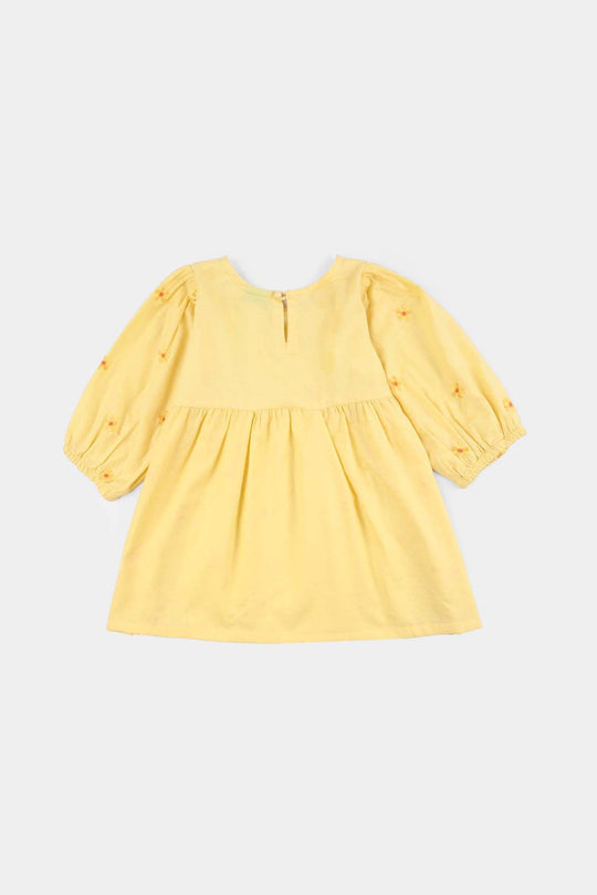 Infant Girls Jacquard Embroidered Frock - Yellow