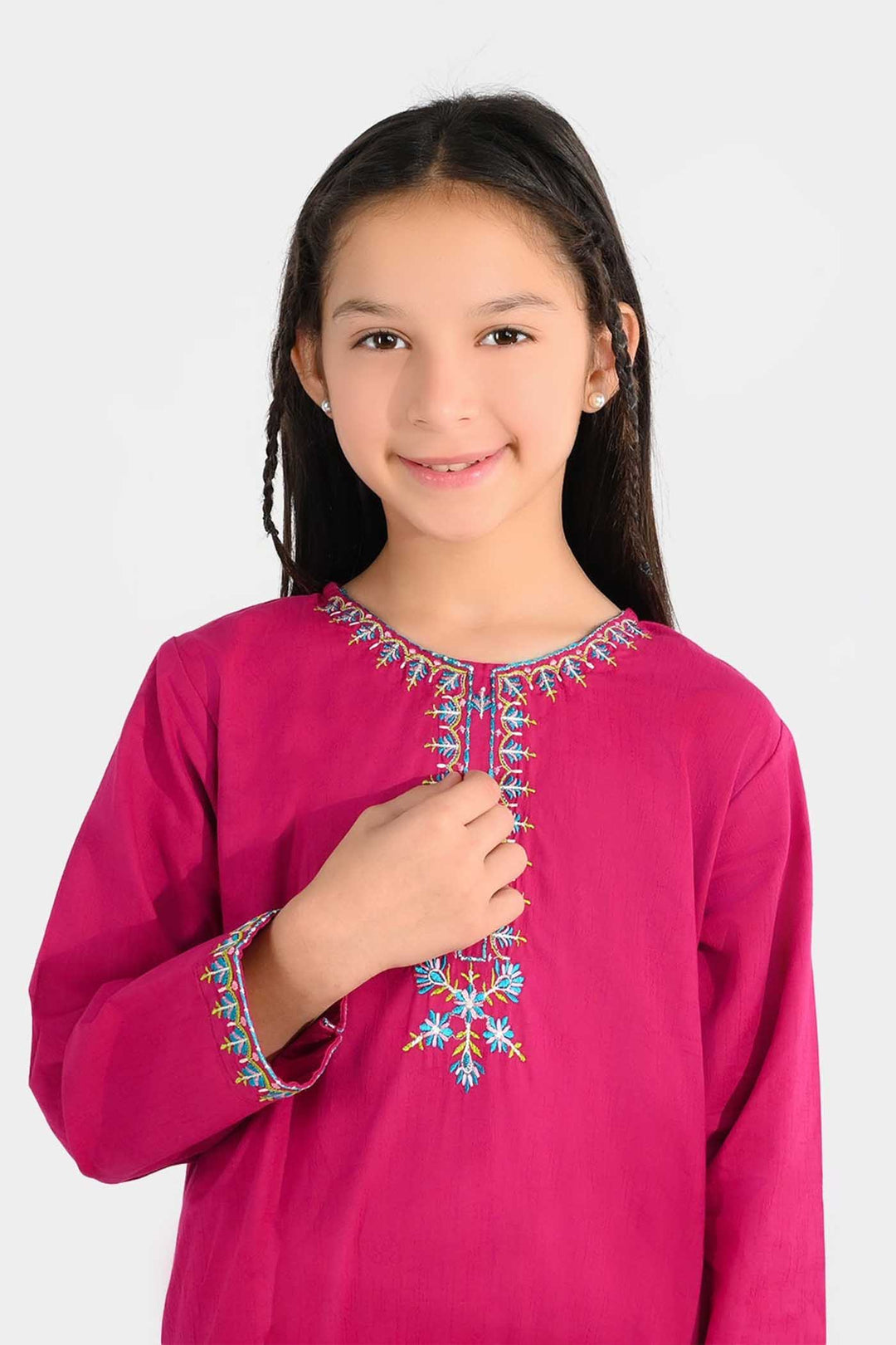 Girls Jacquard Embroidered Kurti (Kurti-E-Khaas) - Magenta