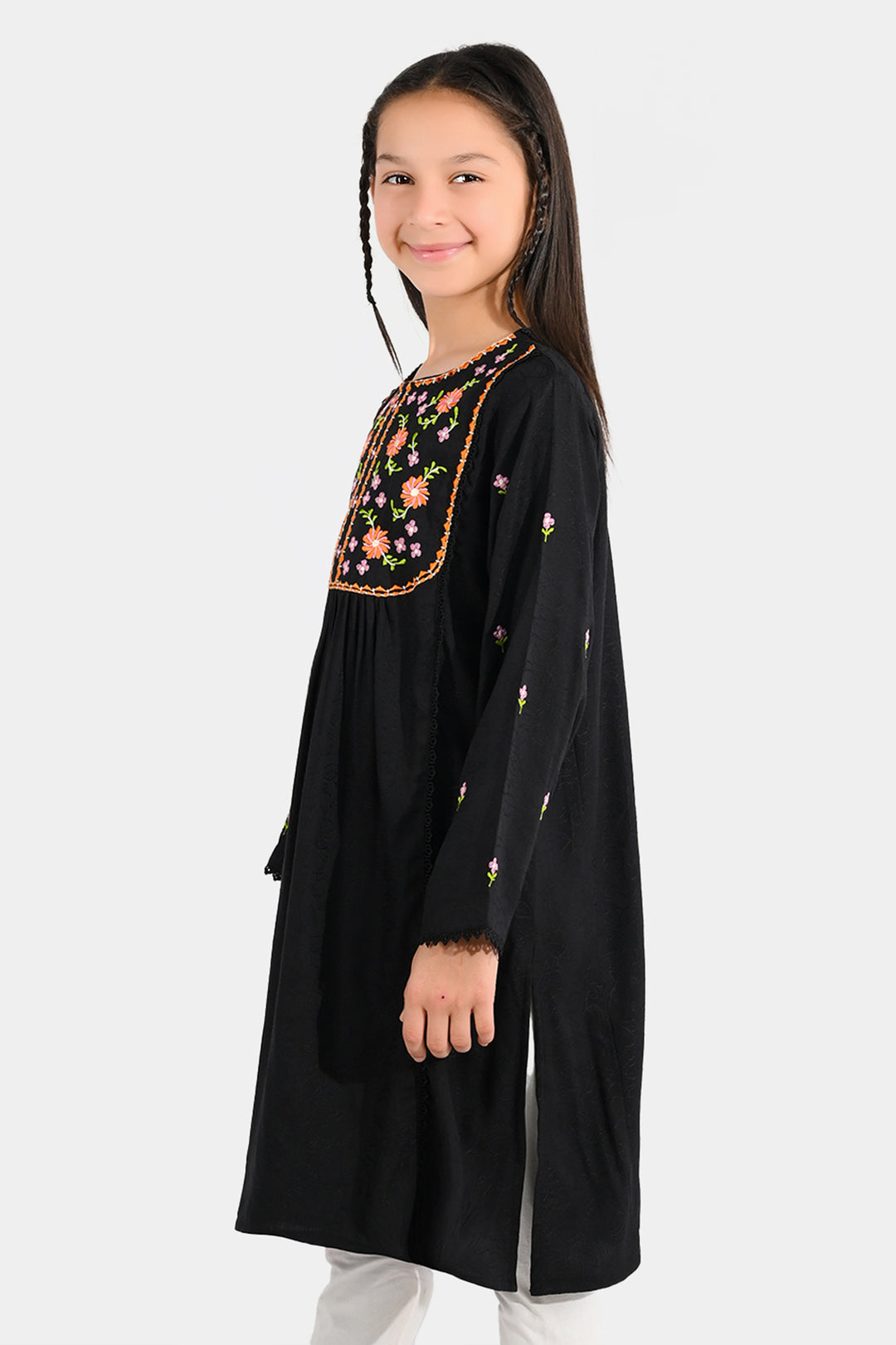 Girls Jacquard Emb Kurti Rango Ki Rani-BLACK