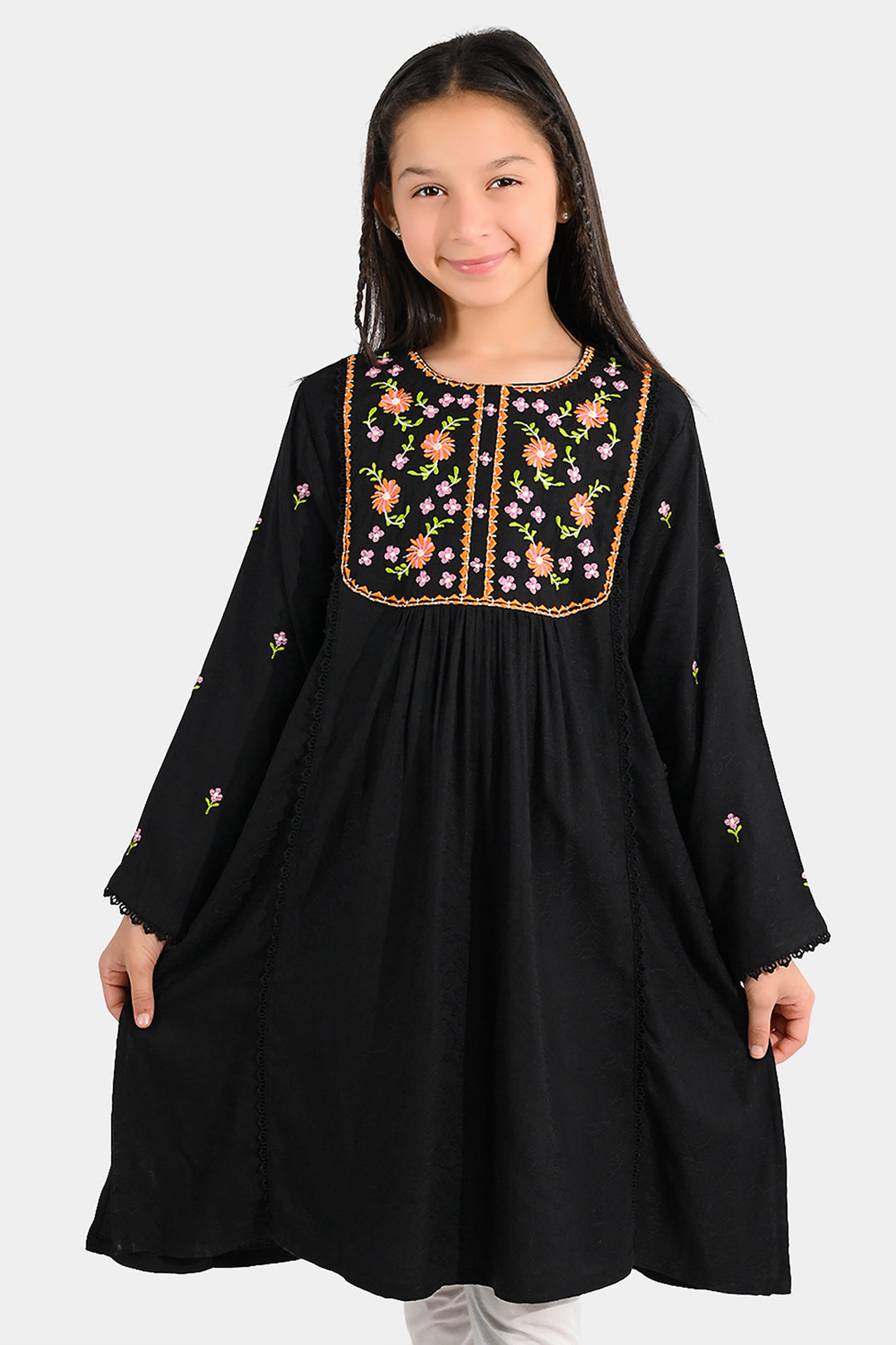 Girls Jacquard Emb Kurti Rango Ki Rani-BLACK